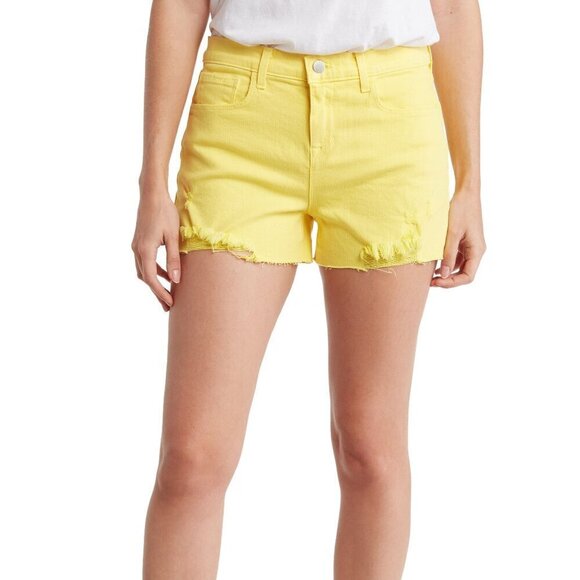 L'AGENCE Pants - L'AGENCE Shorts Size 23 Yellow Audrey Denim Distressed Raw-Hem Mid-Rise NWT